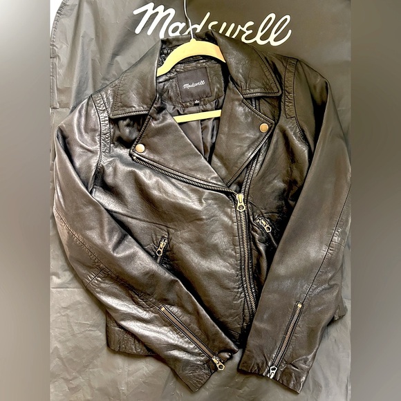 Madewell Washed Leather Motorcycle Jacket, Brass Hardware Edition in Black - Picture 1 of 10